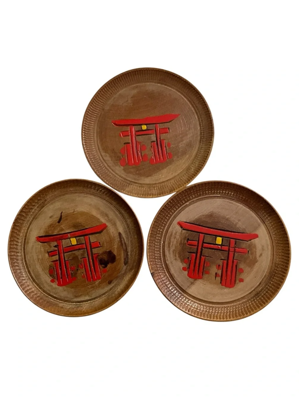 Vintage Japanese Wood Coaster Set w/ Box Hand Carved Painted Mid Century Japan